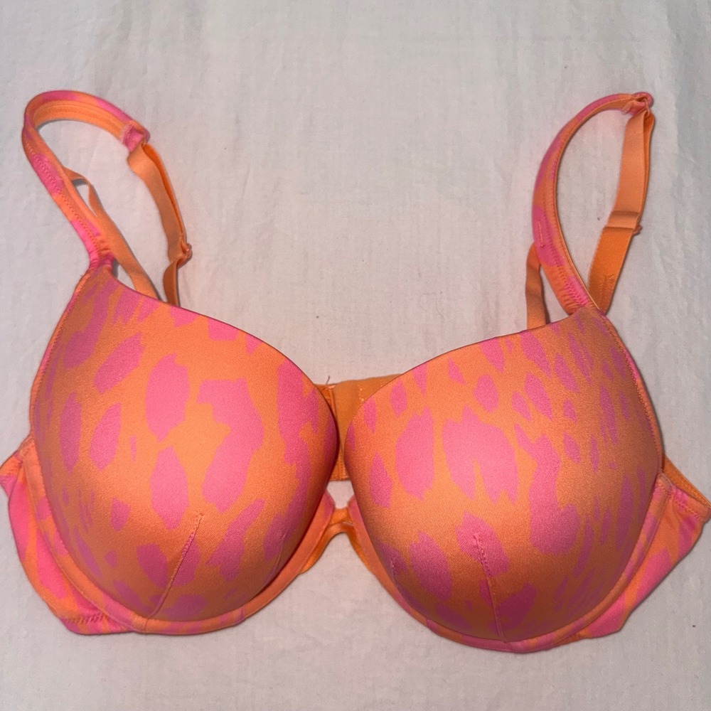 Cacique Boost Plunge Bra Women 38D Orange Pink Animal Print Padded Underwire